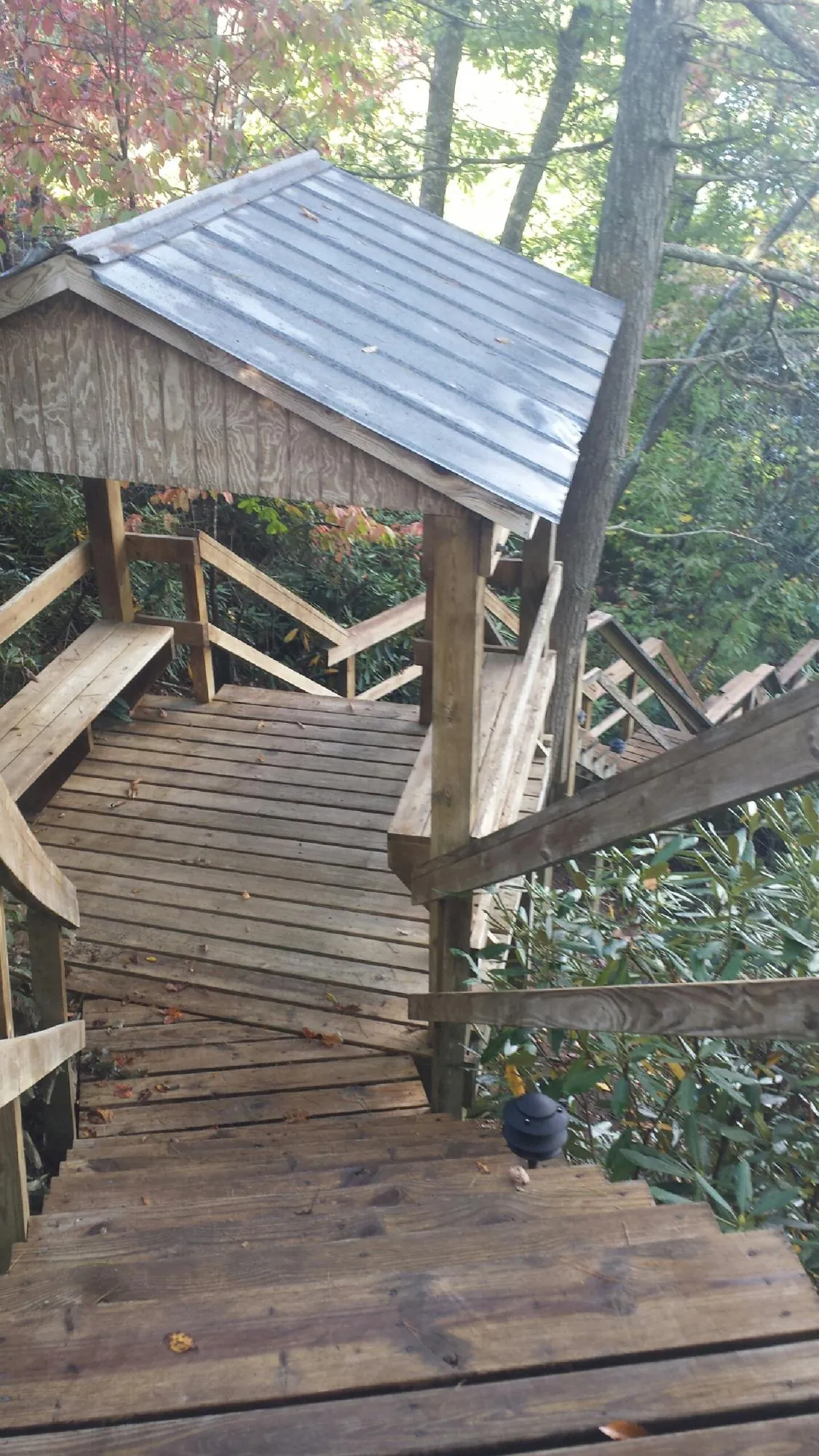 Metal roofed shelter over wooden steps on a wooded walkway — Skylight Repair & Installation work by our crew in Carrollton